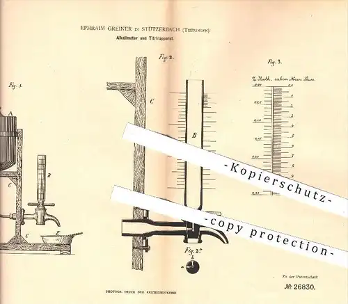 original Patent - Ephraim Greiner in Stützerbach , 1883 , Alkalimeter und Titrierapparat , Alkali , Instrumente , Chemie