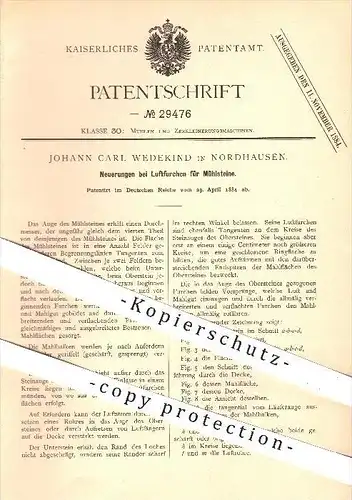 original Patent - Johann Carl Wedekind in Nordhausen , 1884 , Luftfurchen für Mühlsteine , Mühle , Mühlen , Mühlstein !