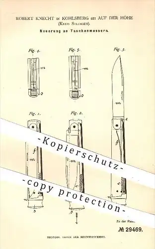 original Patent - Robert Knecht in Kohlsberg bei Auf Der Höhe , 1884 , Taschenmesser , Messer , Werkzeug , Schneidzeug !