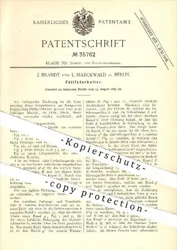 original Patent - J. Brandt & L. Marckwald , Berlin , 1885 , Füllfederhalter , Federhalter , Feder , Federn , Schreiben