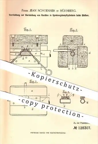 original Patent - Jean Schoenner in Nürnberg , 1901 , Herstellung von Kanälen in Spielzeugdampfzylindern beim Gießen !