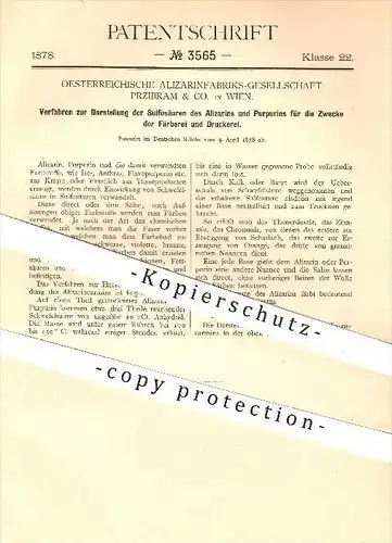 original Patent - Österr. Alizarinfabriksges. Przibram & Co. , Wien , 1878 , Darstellung von Sulfosäure & Purpurin !!!