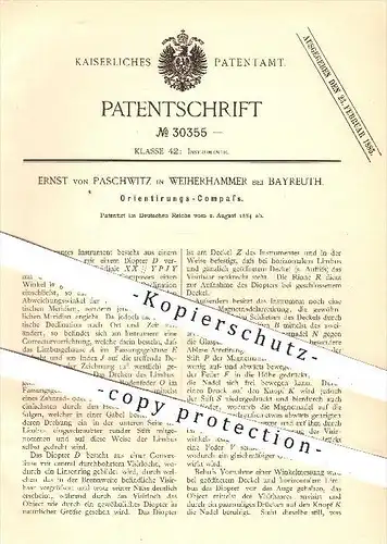 original Patent - Ernst von Paschwitz in Weiherhammer bei Bayreuth , 1884 , Orientierungs - Kompass , Instrumente !!!