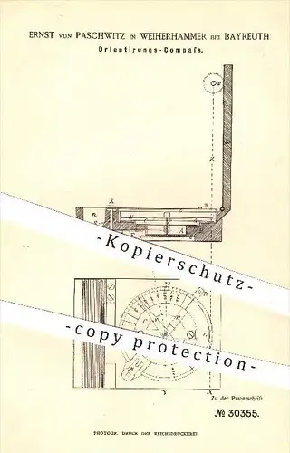 original Patent - Ernst von Paschwitz in Weiherhammer bei Bayreuth , 1884 , Orientierungs - Kompass , Instrumente !!!