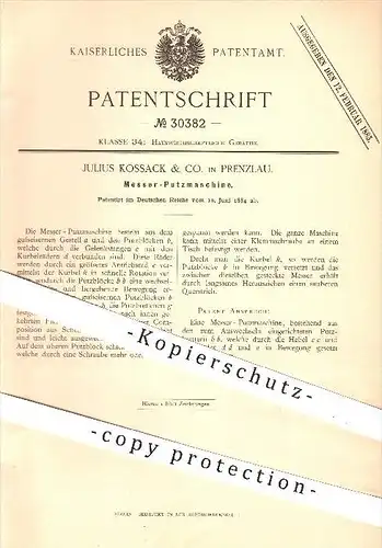 original Patent - Julius Kossack & Co. in Prenzlau , 1884 , Messer - Putzmaschine , Putzen , Haushalt , Hauswirtschaft
