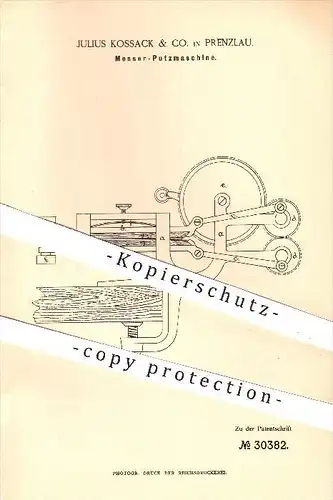original Patent - Julius Kossack & Co. in Prenzlau , 1884 , Messer - Putzmaschine , Putzen , Haushalt , Hauswirtschaft