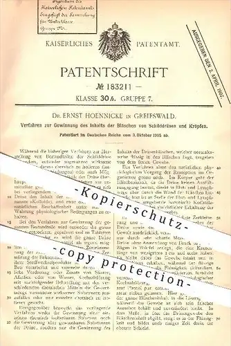 original Patent - Dr. E. Hoennicke , Greifswald , 1905 , Gewinnung des Inhalts der Bläschen von Schilddrüsen u. Kröpfen