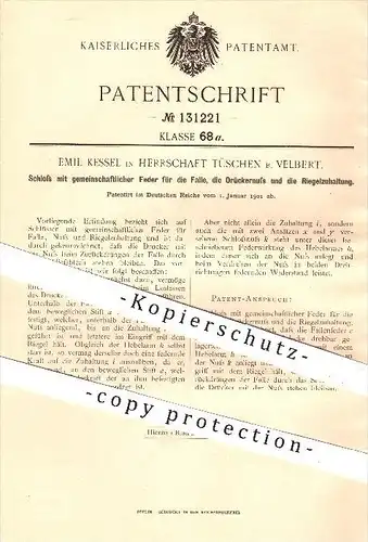original Patent - Emil Kessel in Herrschaft Tüschen bei Velbert , 1901 , Schloss mit Feder für Falle , Drücker u. Riegel