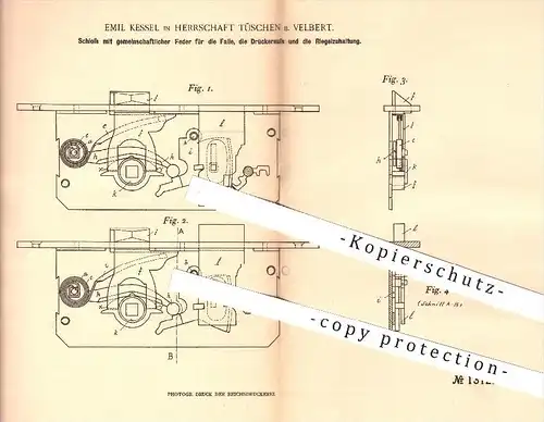 original Patent - Emil Kessel in Herrschaft Tüschen bei Velbert , 1901 , Schloss mit Feder für Falle , Drücker u. Riegel