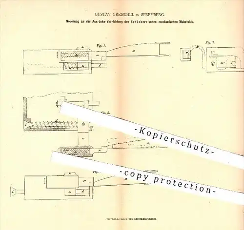 original Patent - Gustav Greischel , Spremberg , 1879 , Ausrücke - Vorrichtung am mechanischen Webstuhl von Schönherr