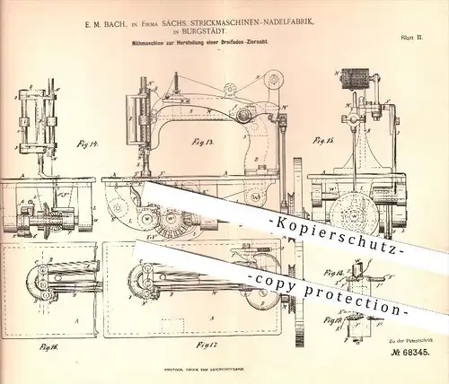 original Patent - E. M. Bach , Sächs. Strickmaschinen-Nadelfabrik in Burgstädt , 1891 , Nähmaschine für Ziernaht , Nähen