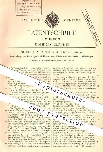 original Patent - Nicolaus Astafieff in Kolomna , Russland , 1903 , Befestigen von Kabel u. elektrischen Luftleitung !!!