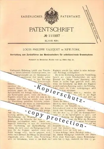 original Patent - Louis Phillippe Valiquet in New York , 1899 , Membranhalter für Grammophone , Grammophon , Musik !!!