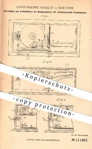 original Patent - Louis Phillippe Valiquet in New York , 1899 , Membranhalter für Grammophone , Grammophon , Musik !!!