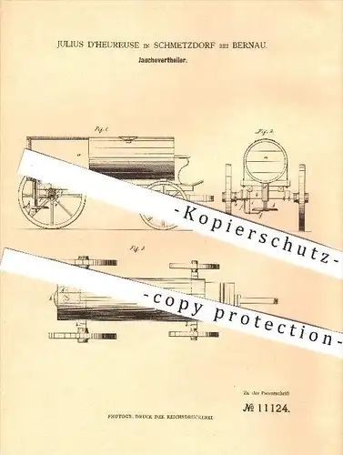 original Patent - Julius D'heureuse , Schmetzdorf bei Bernau , 1880 , Jaucheverteiler , Jauche , Dünger , Landwirtschaft