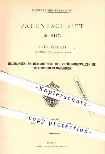 original Patent - Gebrüder Botsch in Rappenau , 1879 , Antrieb der Zuführungswalzen bei Futterschneidemaschinen !!