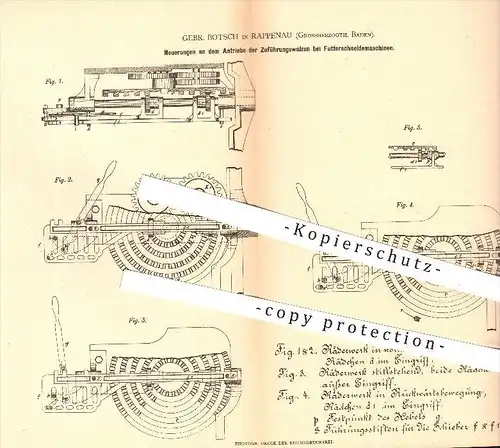 original Patent - Gebrüder Botsch in Rappenau , 1879 , Antrieb der Zuführungswalzen bei Futterschneidemaschinen !!