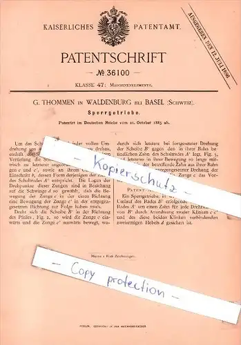 Original Patent - G. Thommen in Waldenburg bei Basel , Schweiz , 1885 , Sperrgetriebe !!!