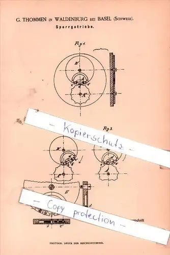 Original Patent - G. Thommen in Waldenburg bei Basel , Schweiz , 1885 , Sperrgetriebe !!!