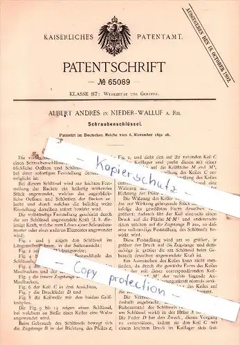 Original Patent -  Albert Andres in Nieder-Walluf a. Rh. , 1891 , Schraubenschlüssel !!!