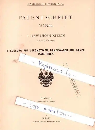 Original Patent - J. Hawthorn Kitson in Leeds , England , 1880 , Steuerung für Locomotiven !!!