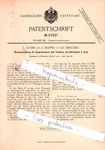 Original Patent -  L. Ganss und J. Seippel in Groß-Umstadt , 1892 , Trockenvorrichtungen für Brauerei , Bier !!!
