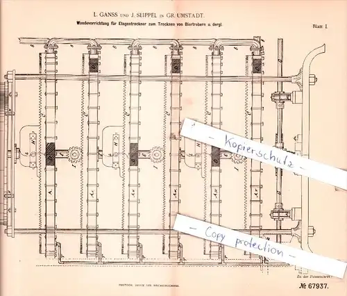 Original Patent -  L. Ganss und J. Seippel in Groß-Umstadt , 1892 , Trockenvorrichtungen für Brauerei , Bier !!!