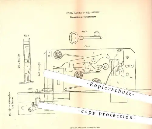 original Patent - Carl Mewes in Neuruppin , 1879 , Türschlösser , Türschloss , Tür , Schloss , Schlosserei , Schlosser !