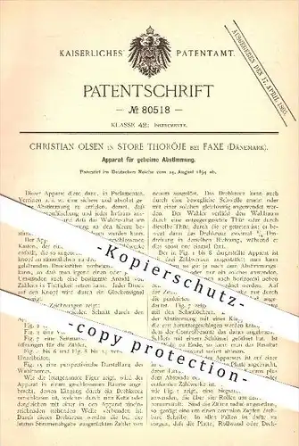 original Patent - Christian Olsen , Store Thoröje , Faxe , 1894 , geheime Abstimmung bei Wahlen , Wahl , Zählwerk !!!