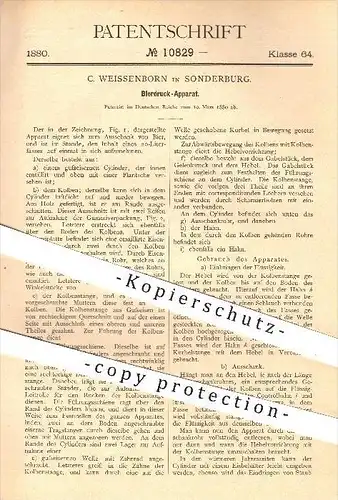 original Patent - C. Weissenborn in Sonderburg , 1880 , Bierdruck - Apparat , Bier , Ausschank , Gastronomie !!!