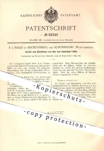 original Patent - E. J. Maier in Necklinsberg , 1892 , Gerät zum Entnehmen von Heu , Stroh , Landwirtschaft , Futter !