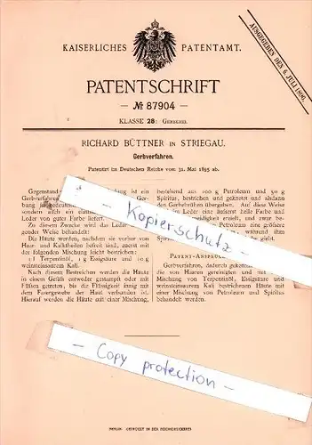 Original Patent - Richard Büttner in Striegau / Strzegom , 1895 , Gerbverfahren  !!!