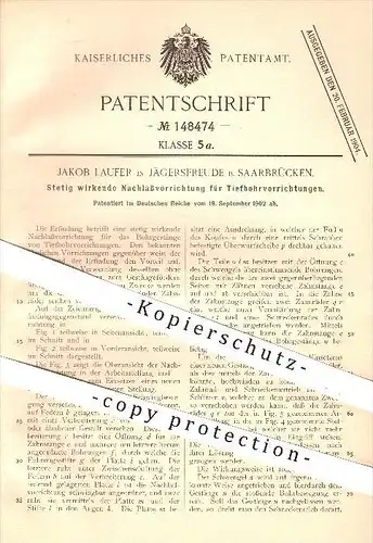 original Patent - Jakob Laufer in Jägersfreude , 1902 , Stetig wirkende Nachlassvorrichtung für Tiefbohrungen , Bohrung