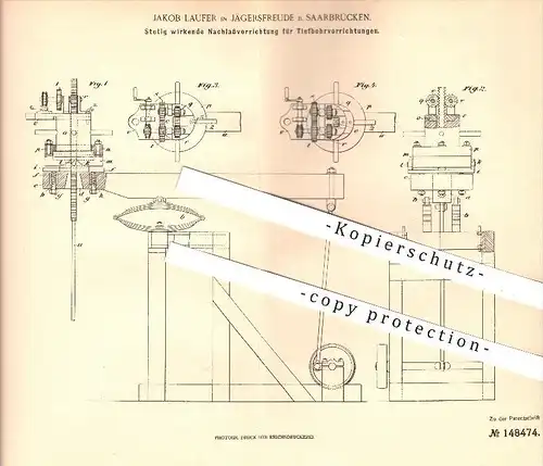 original Patent - Jakob Laufer in Jägersfreude , 1902 , Stetig wirkende Nachlassvorrichtung für Tiefbohrungen , Bohrung