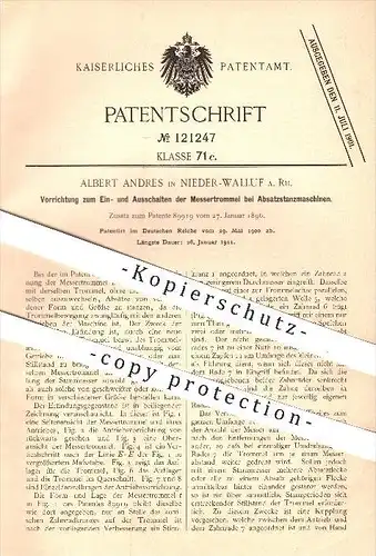 original Patent - Albert Andres , Nieder - Walluf , 1900 , Ein- u. Ausschalten der Messertrommel bei Absatzstanzmaschine