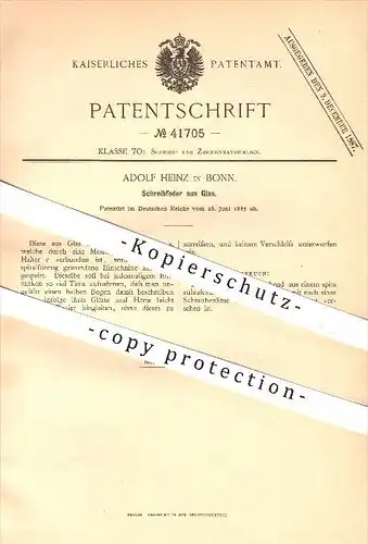 original Patent - Adolf Heinz in Bonn , 1887 , Schreibfeder aus Glas , Feder , Federn , Schreiben , Schreibmaterialien !