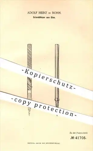 original Patent - Adolf Heinz in Bonn , 1887 , Schreibfeder aus Glas , Feder , Federn , Schreiben , Schreibmaterialien !