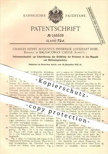 original Patent - Charles H. A. Fr. Lockhart Ross , Baronet in Balnagowan Castle , Schottland , 1902 , Patronenschachtel