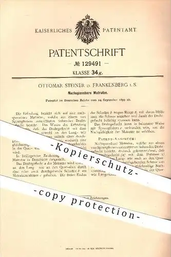 original Patent - Ottomar Steiner in Frankenberg , 1899 , Nachspannbare Matratze , Matratzen , Bett , Federn !!!