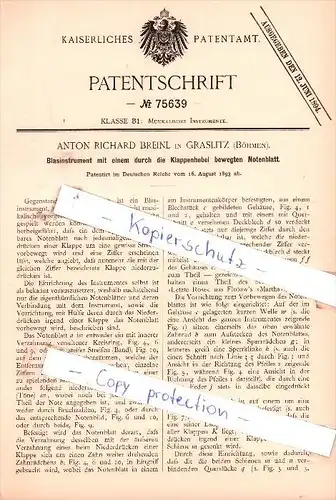 Original Patent - Anton Richard Breinl in Graslitz / Kraslice , Böhmen , 1893 , Blasinstrument , Posaune , Trompete !!!