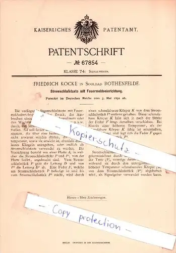 Original Patent - F. Kocke in Soolbad Rothenfelde , 1892 , Stromschlußtaste mit Feuermeldeeinrichtung !!!