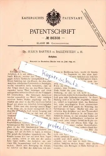 Original Patent -  Dr. Julius Bartels in Ballenstedt a. H. , 1895 , Antiphon , Ohrenarzt , Arzt , Trommelfell , Gehör !!