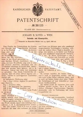Original Patent - Johann B. Soyer in Wien , 1886 , Getreide- und Körnerprüfer !!!
