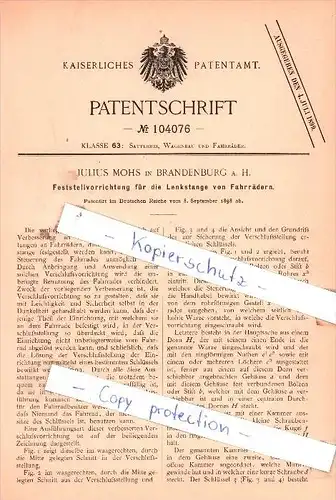 Original Patent - J. Mohs in Brandenburg a. H. , 1898 , Sattlerei, Wagenbau und Fahrräder !!!