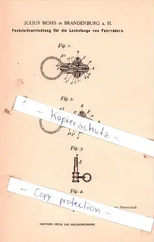 Original Patent - J. Mohs in Brandenburg a. H. , 1898 , Sattlerei, Wagenbau und Fahrräder !!!