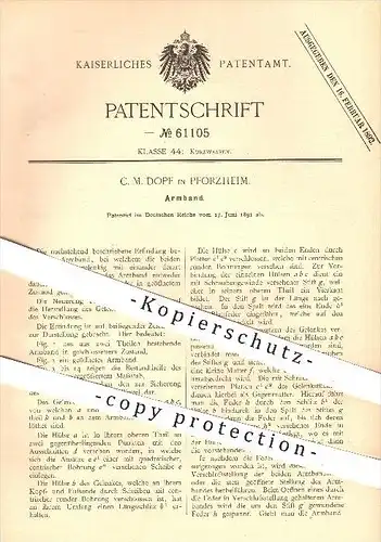 original Patent - C. M. Dopf in Pforzheim , 1891 , Armband , Schmuck , Armschmuck , Armbänder , Goldschmied !!!