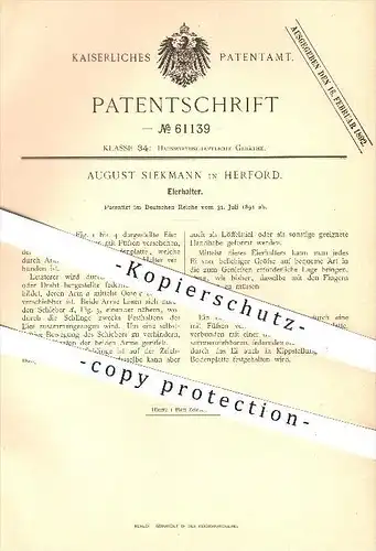 original Patent - August Siekmann in Herford , 1891 , Eierhalter , Eierbecher , Ei , Eier , Haushalt , Geschirr !!!