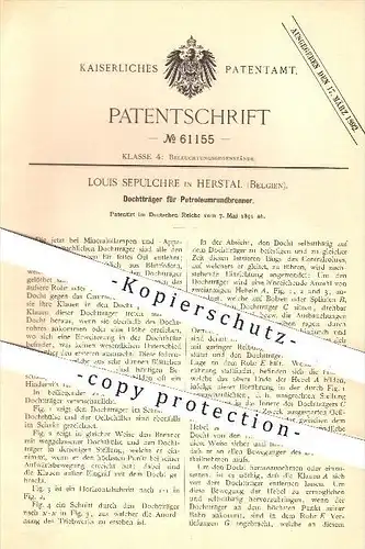 original Patent - Louis Sepulchre in Herstal , 1891 , Dochtträger für Petroleumrundbrenner , Petroleum , Brenner , Docht