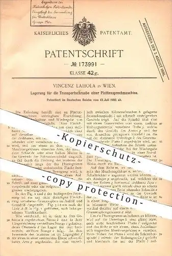 original Patent - Vincenz Lahola in Wien , 1905 , Lagerung für die Transportschraube einer Plattensprechmaschine !!!