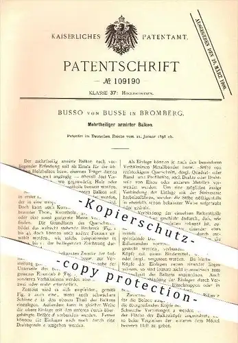 original Patent - Busso von Busse in Bromberg , 1898 , Mehrteiliger armierter Balken , Beton , Zement , Hochbau , Sturz